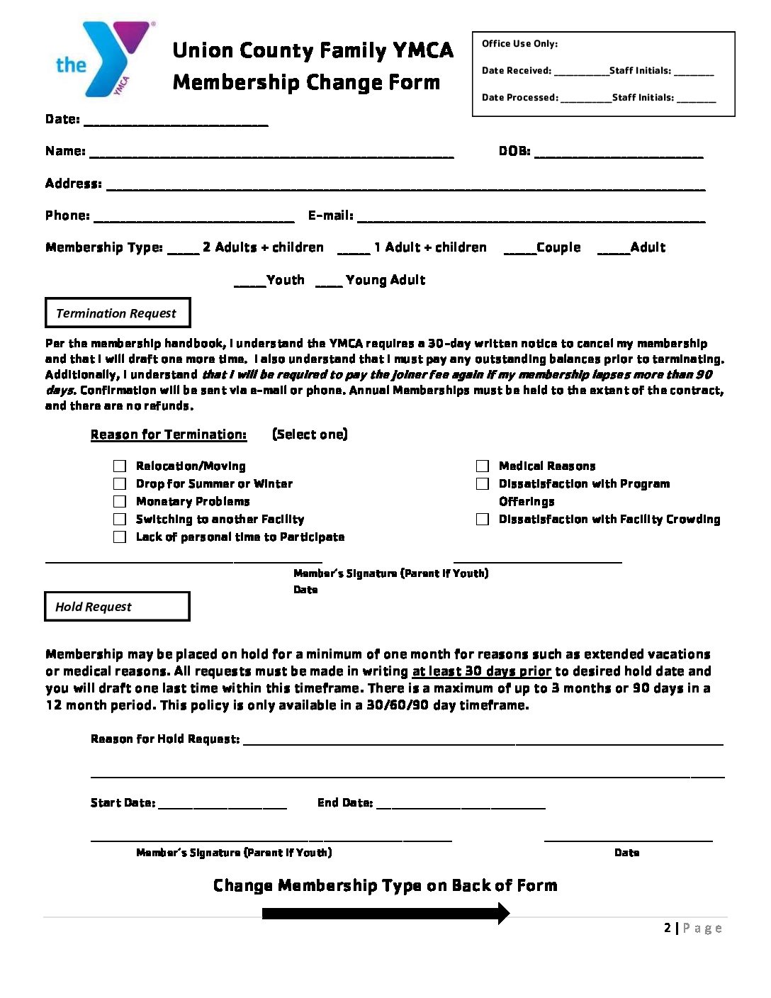 Membership Termination And Change Form 2020 Union County Family Ymca