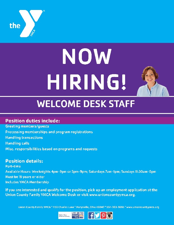 Now Hiring! Welcome Desk Staff – UNION COUNTY FAMILY YMCA