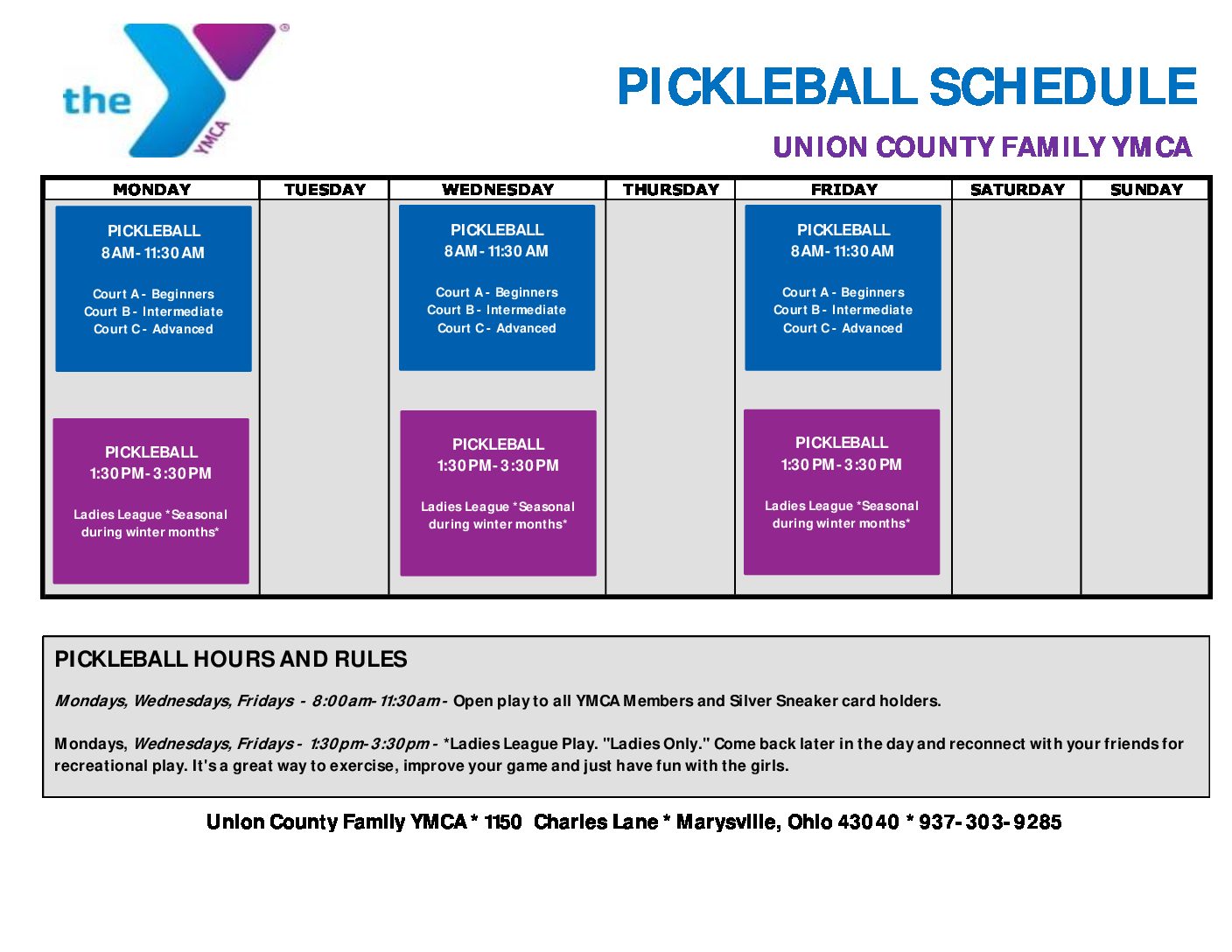 Pickleball Schedule 2022 UNION COUNTY FAMILY YMCA