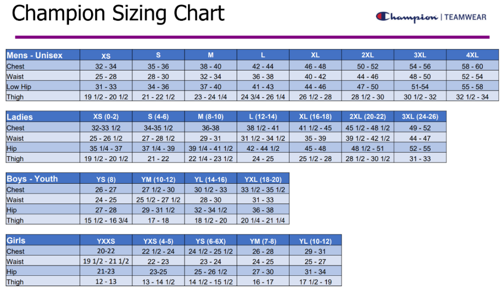 Champion Size Charts UNION COUNTY FAMILY YMCA