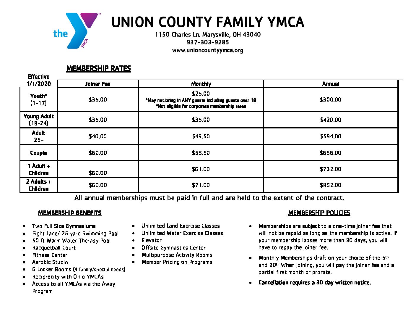 2024 Union County Family YMCA Membership Rates UNION COUNTY